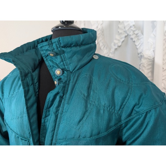 VTG 80s 90s Teal Ski Jacket Parka Puffer Quilted Cinched Waist SM Current Seen - Picture 5 of 13